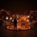 Figura tecnológica frente a interfaz digital futurista simbolizando Internxt AI y su enfoque en IA ética, privacidad y soberanía digital.