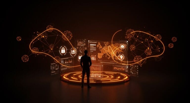 Figura tecnológica frente a interfaz digital futurista simbolizando Internxt AI y su enfoque en IA ética, privacidad y soberanía digital.