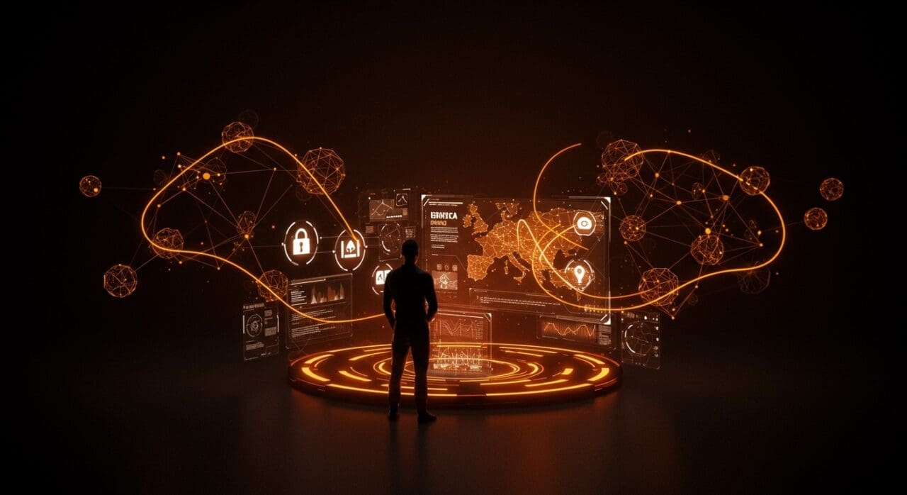 Figura tecnológica frente a interfaz digital futurista simbolizando Internxt AI y su enfoque en IA ética, privacidad y soberanía digital.