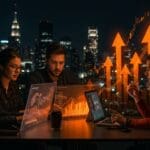 Startups LATAM analizando IPO y financiamiento con gráficos digitales y símbolos de expansión internacional en el mercado estadounidense.