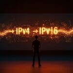 Fundador de startup tecnológica frente a visualizaciones digitales que representan la transición de IPv4 a IPv6 y sus beneficios en redes avanzadas.