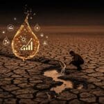 Crisis hídrica en Irán ilustrada con suelo seco y un innovador analizando recursos de agua como símbolo de sostenibilidad y gestión hídrica.