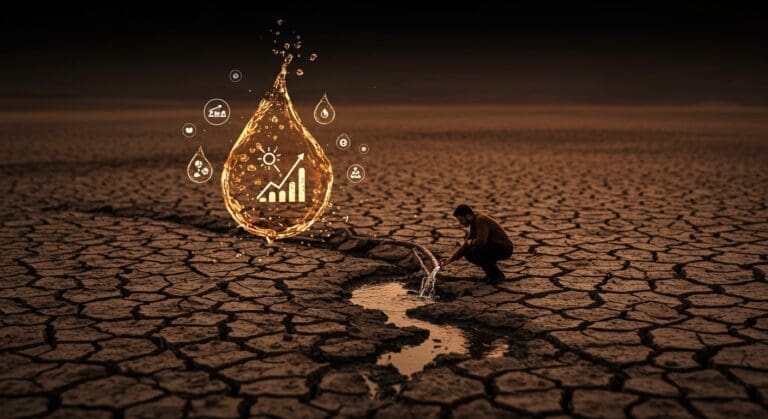 Crisis hídrica en Irán ilustrada con suelo seco y un innovador analizando recursos de agua como símbolo de sostenibilidad y gestión hídrica.