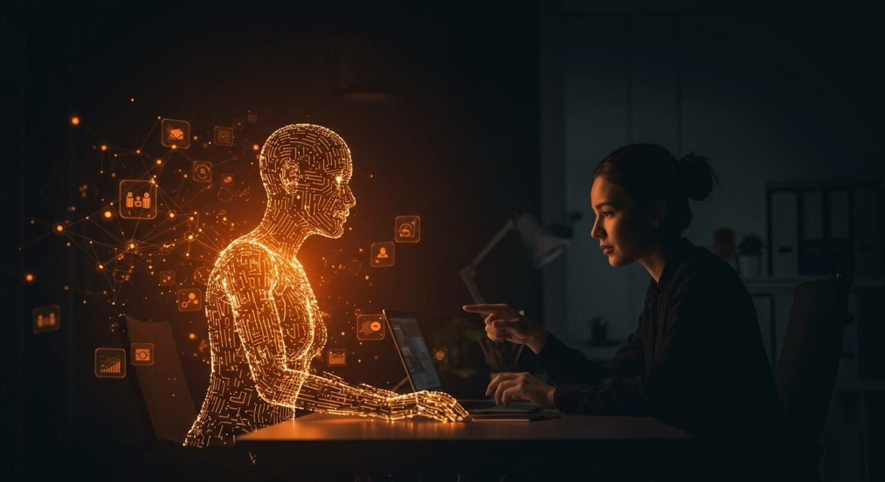 Supervisión humana y automatización en inteligencia artificial representadas en escena editorial con paleta naranja y negro destacando la interacción y formación continua en startups.