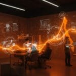 Innovación minera y emprendimiento en Antofagasta representados por emprendedores trabajando con tecnología avanzada en un ecosistema regional brillante en tonos naranja y negro.