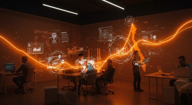 Innovación minera y emprendimiento en Antofagasta representados por emprendedores trabajando con tecnología avanzada en un ecosistema regional brillante en tonos naranja y negro.