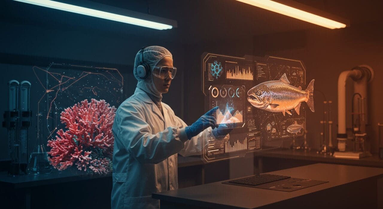 Biotecnología e inteligencia artificial aplicada a la salud del salmón en la salmonicultura chilena, destacando innovación y sostenibilidad.