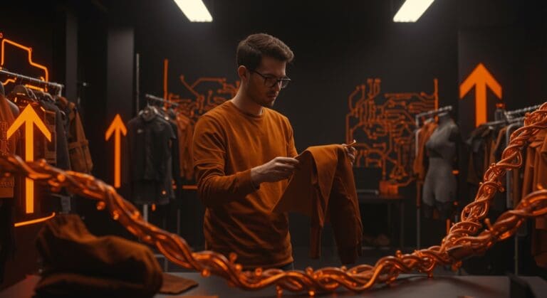 Startup española innovadora en moda sostenible y técnica mostrando prototipos en un estudio moderno y tecnológico.