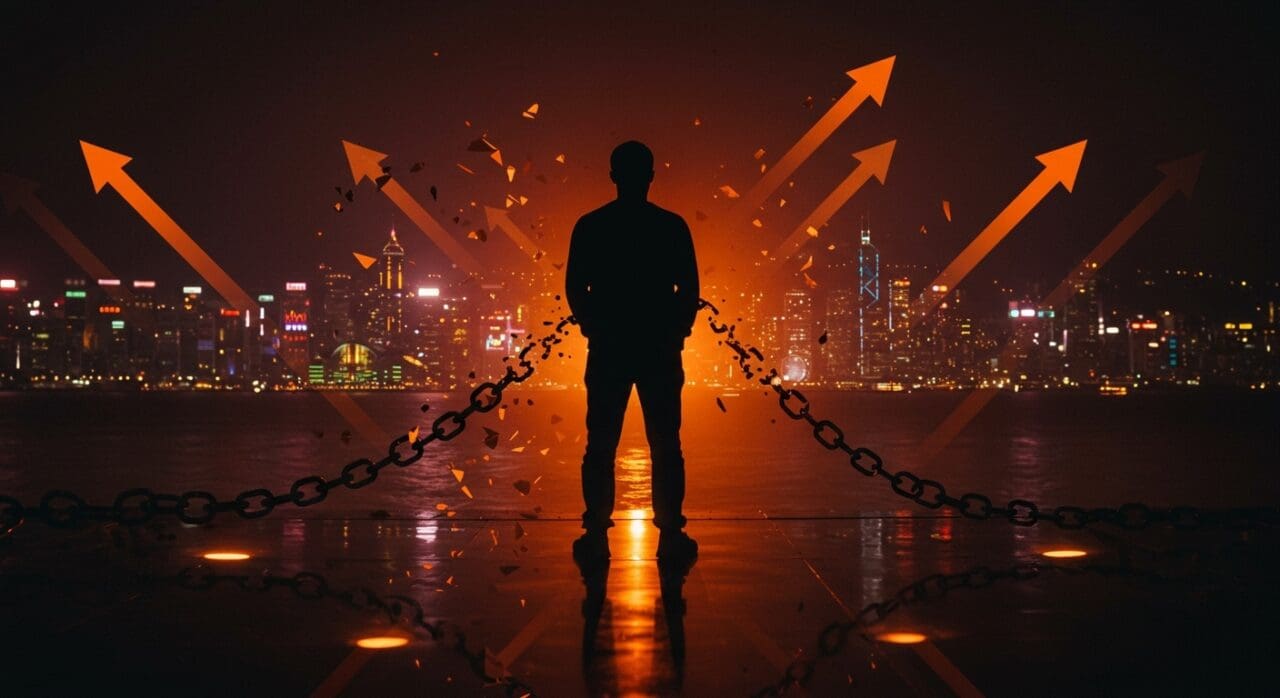 Jimmy Lai defendiendo la libertad de expresión en Hong Kong con un fondo simbólico de democracia y resistencia al autoritarismo.