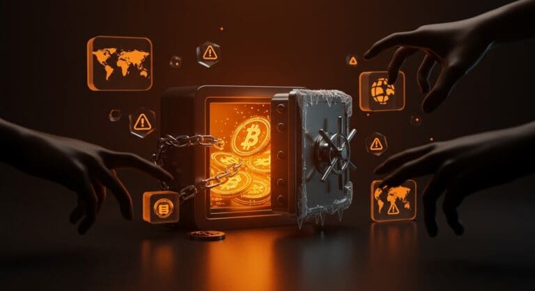 Imagen conceptual de stablecoins congeladas por sanciones, mostrando impacto de JPMorgan en fintech y startups cripto en LATAM.