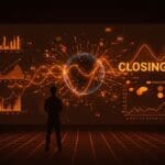 Fundador hispano de startup de supermercado digital frente a interfaz digital que simboliza desafíos de financiamiento y escalabilidad en LATAM.