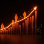 Gráfica ascendente y fundador observando crecimiento y valuación de startup tras ronda de financiamiento de 1B.