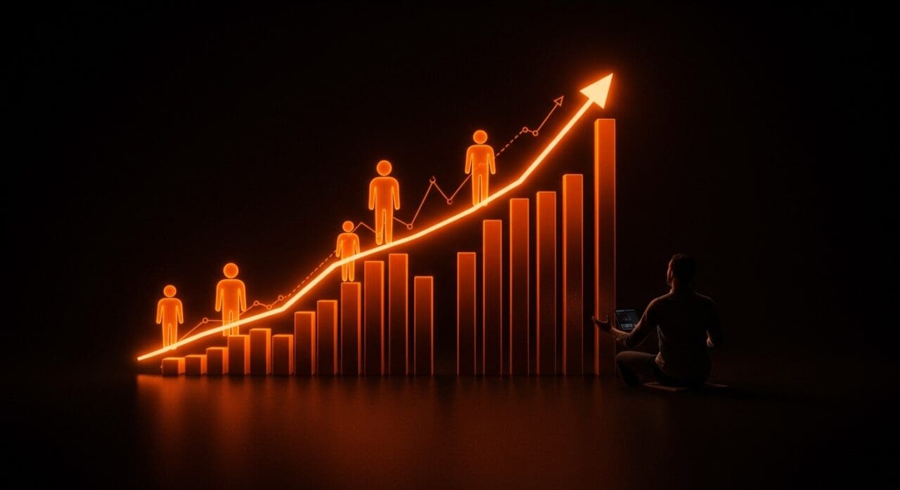 Gráfica ascendente y fundador observando crecimiento y valuación de startup tras ronda de financiamiento de 1B.