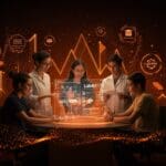 Modelo de educación científica con IA de Lab4U galardonado internacionalmente, representado por educadores interactuando con tecnología avanzada en paleta naranja y negro.