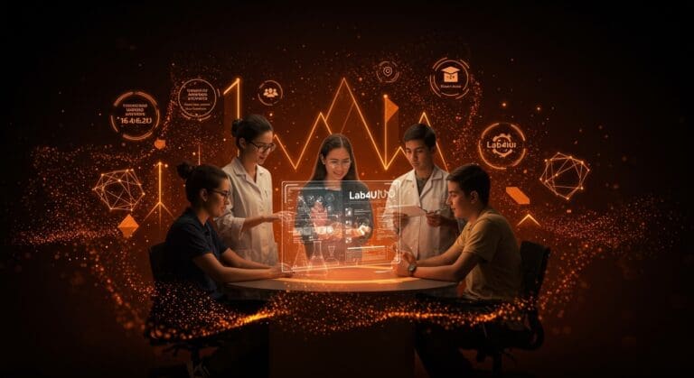 Modelo de educación científica con IA de Lab4U galardonado internacionalmente, representado por educadores interactuando con tecnología avanzada en paleta naranja y negro.