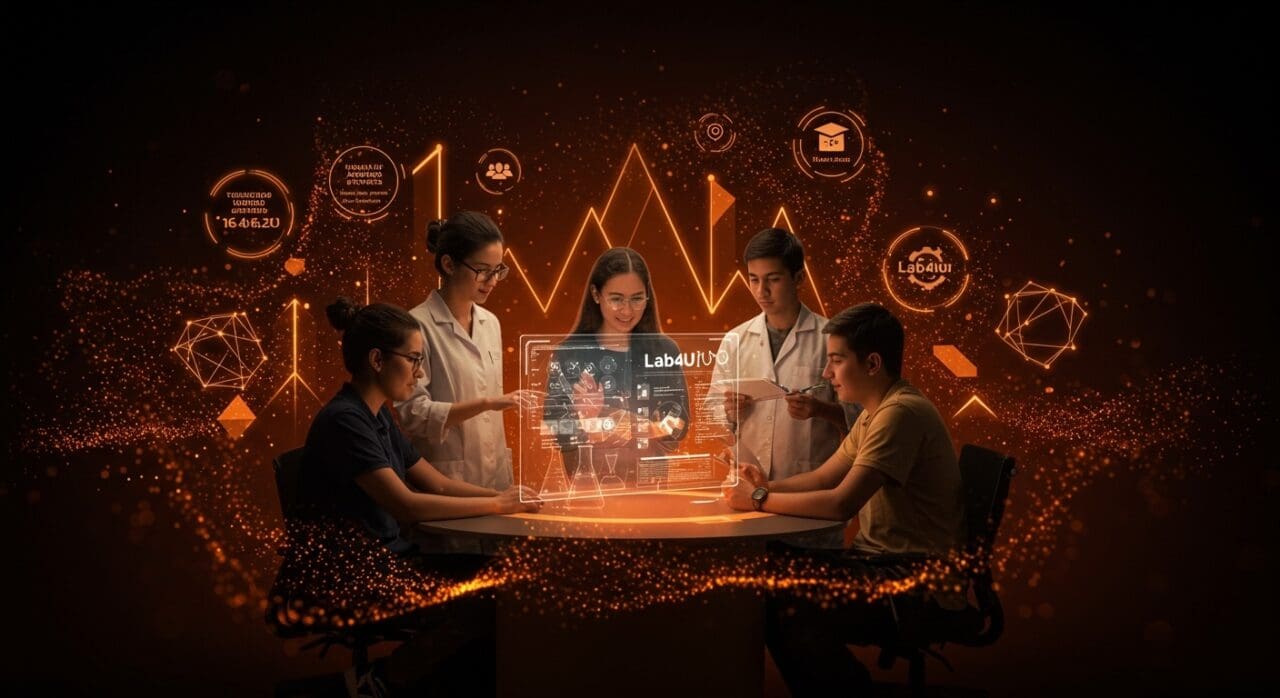 Modelo de educación científica con IA de Lab4U galardonado internacionalmente, representado por educadores interactuando con tecnología avanzada en paleta naranja y negro.