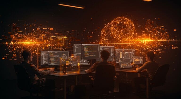 Laboratorio de Python para matemáticas aplicadas y automatización en startups tech, mostrando colaboración y análisis de datos.