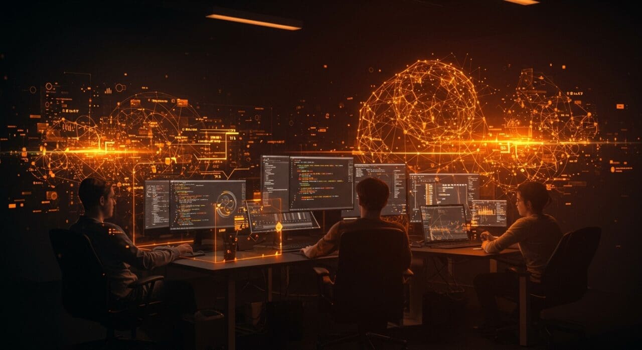 Laboratorio de Python para matemáticas aplicadas y automatización en startups tech, mostrando colaboración y análisis de datos.