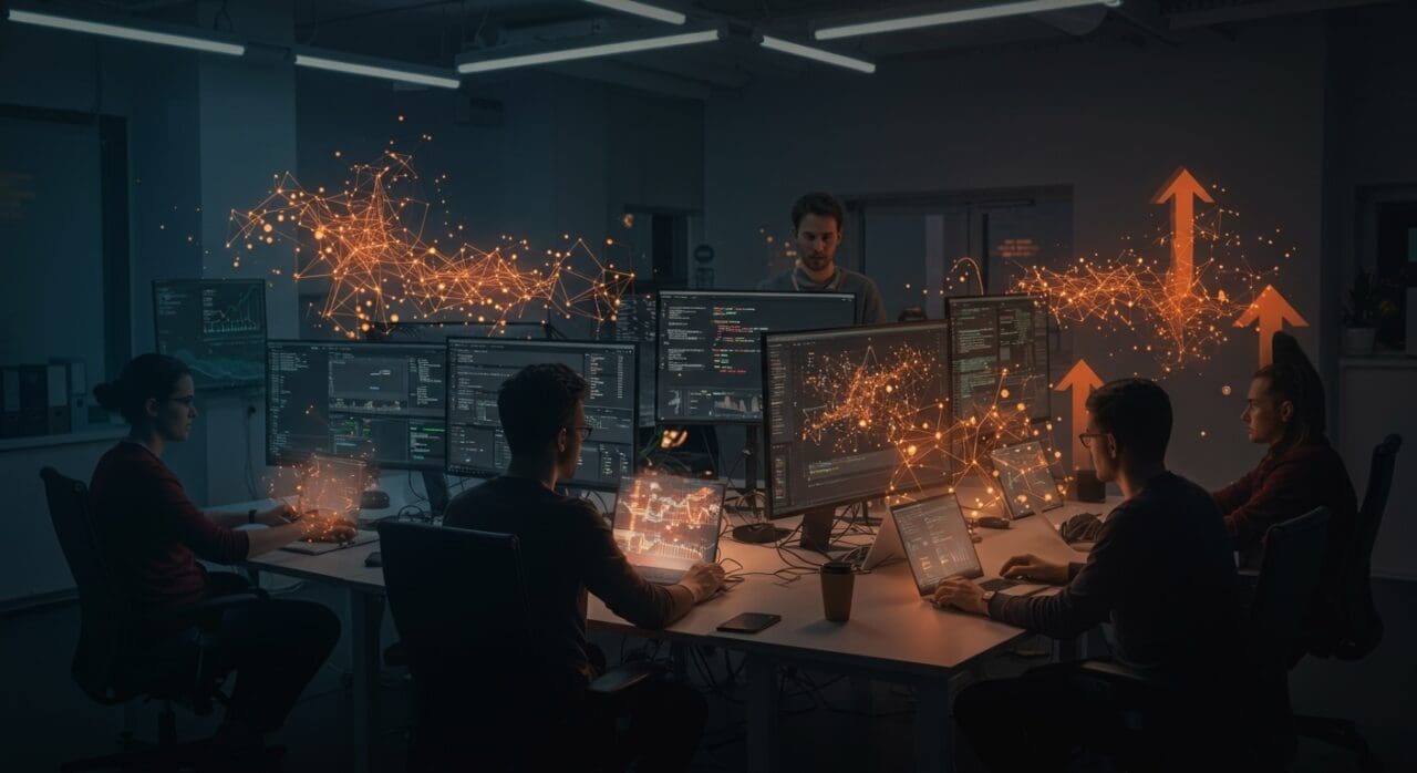 Equipo de ingenieros de inteligencia artificial y open source trabajando en desarrollo de LLM y tecnología startup en Berlín con ambiente futurista.