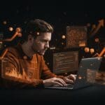 Rust GUI developer trabajando con widgets digitales en un entorno moderno que representa el lanzamiento de iced 0.14 para desarrollo SaaS.