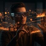 Founder tech con smart glasses analizando hologramas digitales, destacando innovación y tendencias en tecnología wearable para 2025.