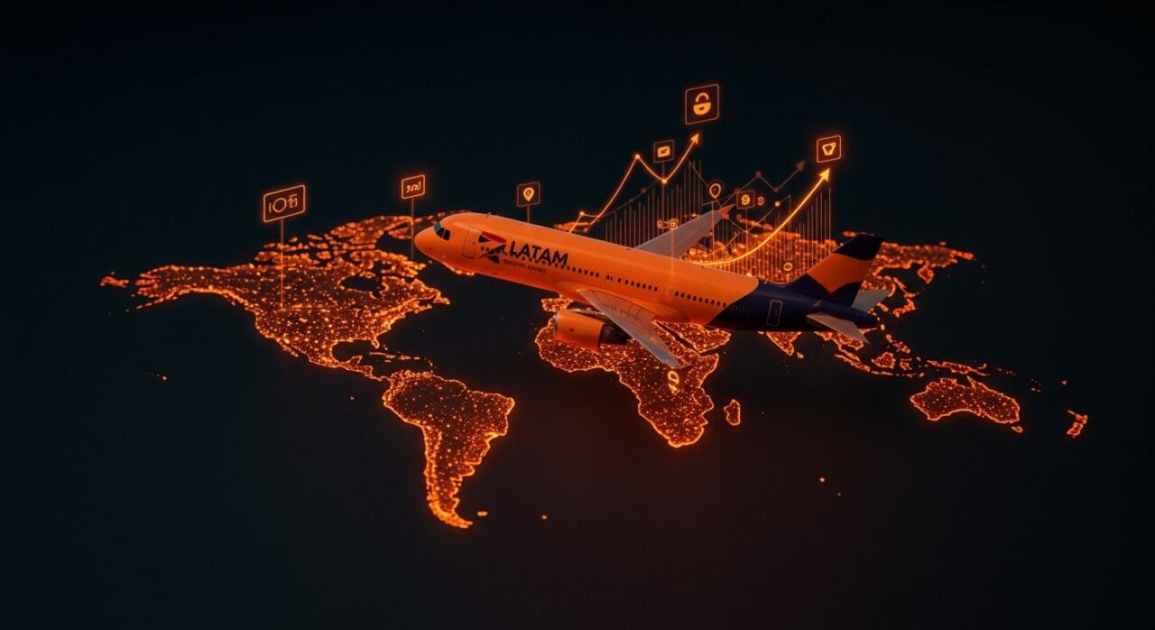 Imagen editorial destacada de una aeronave Latam Airlines simbolizando inversiones millonarias y tendencias tecnológicas en el mercado aéreo latinoamericano.