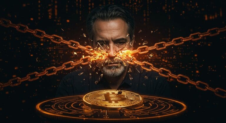 Retrato de Mark Karpelès con un Bitcoin digital fragmentado y simbolismo de seguridad y resiliencia en startups de criptomonedas.