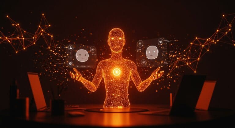 Avatares digitales de IA interactuando con chatbots en un entorno futurista, simbolizando inversión y tecnología digital en startups.