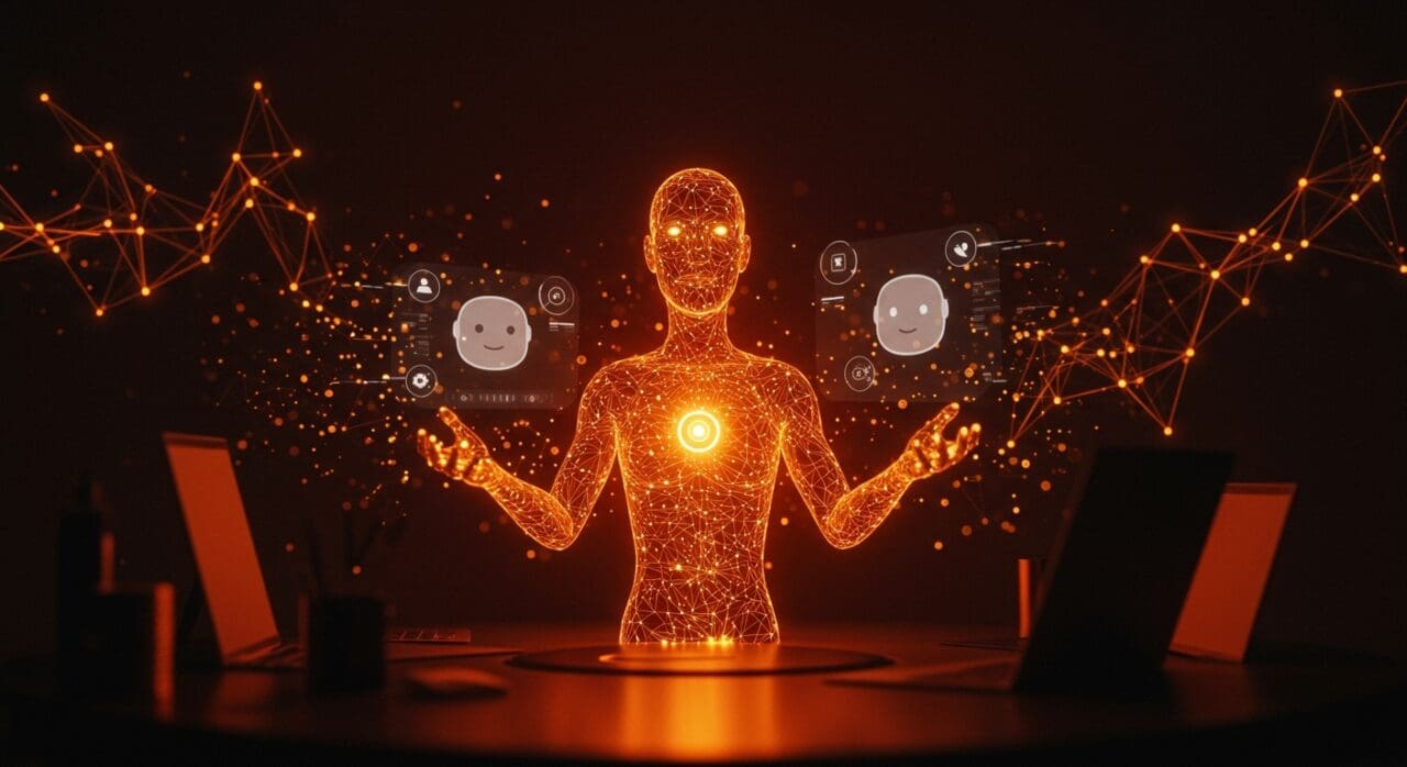 Avatares digitales de IA interactuando con chatbots en un entorno futurista, simbolizando inversión y tecnología digital en startups.