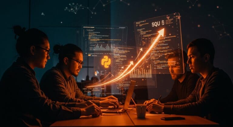 Tendencias clave en lenguajes de programación con Python, R y SQL en el índice TIOBE, visualizado para founders y equipos tech en LATAM.