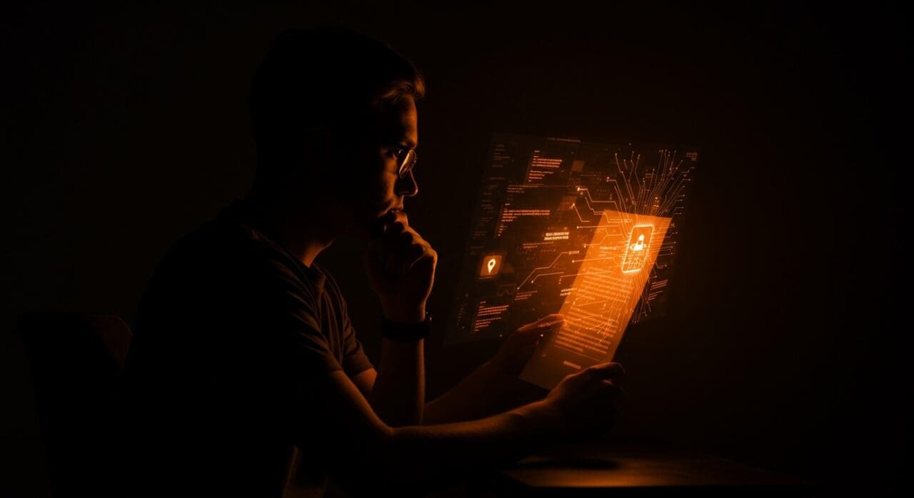 Licencia open source anti-IA conceptual con fundador analizando aspectos éticos y legales en tecnología de código abierto.