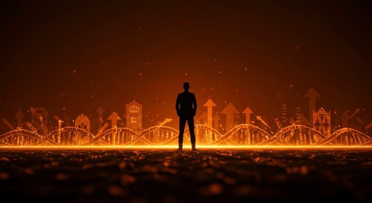 Líder empresarial frente a un horizonte digital con símbolos de biotecnología e innovación, destacando tendencias en liderazgo y cultura mediterránea para startups.