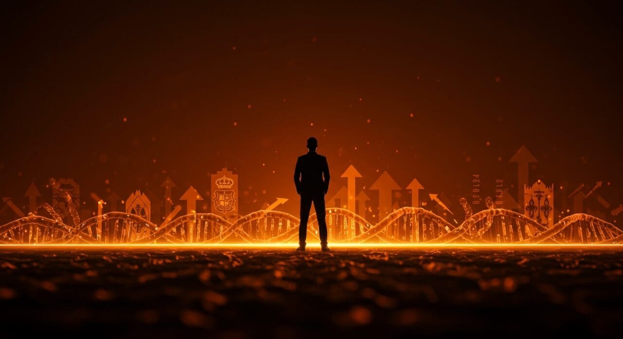 Líder empresarial frente a un horizonte digital con símbolos de biotecnología e innovación, destacando tendencias en liderazgo y cultura mediterránea para startups.