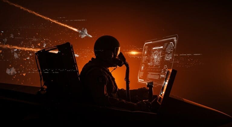 Piloto de jet de combate frente a un interfaz digital, representando las limitaciones de C++ para software seguro en aeronáutica crítica.