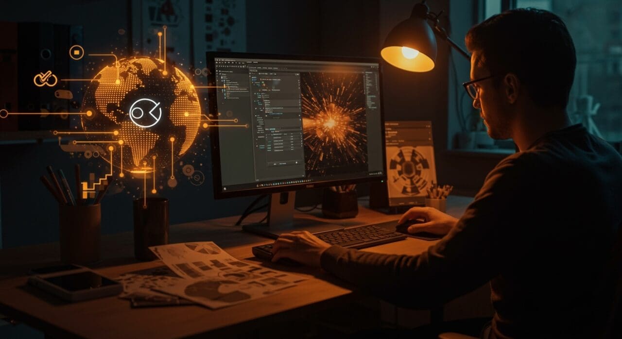 Diseñador creativo usando Linux y Affinity para diseño gráfico independiente, simbolizando alternativas a Big Tech en startups y software open source.