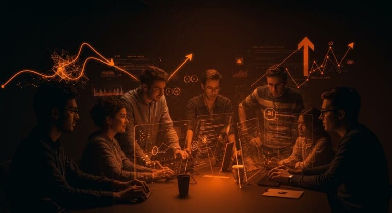 Equipo de startup tech colaborando con mentoría y visualizaciones de inteligencia artificial, reflejando el impacto real de LLMs en LATAM.