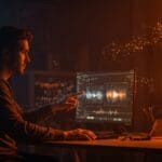 Founder tecnológico utilizando inteligencia artificial para generación avanzada de video con Luma AI Dream Machine en ambiente de startup.