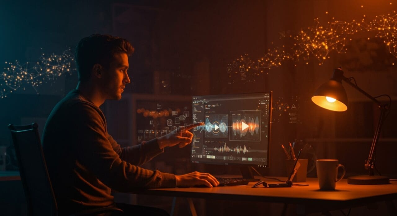 Founder tecnológico utilizando inteligencia artificial para generación avanzada de video con Luma AI Dream Machine en ambiente de startup.