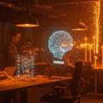 Equipo de startup colaborando en Londres con modelos de inteligencia artificial multimodal y símbolos de expansión y funding récord apoyados por Nvidia.