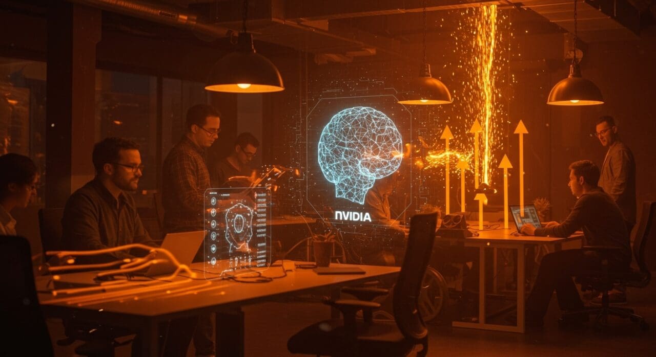 Equipo de startup colaborando en Londres con modelos de inteligencia artificial multimodal y símbolos de expansión y funding récord apoyados por Nvidia.