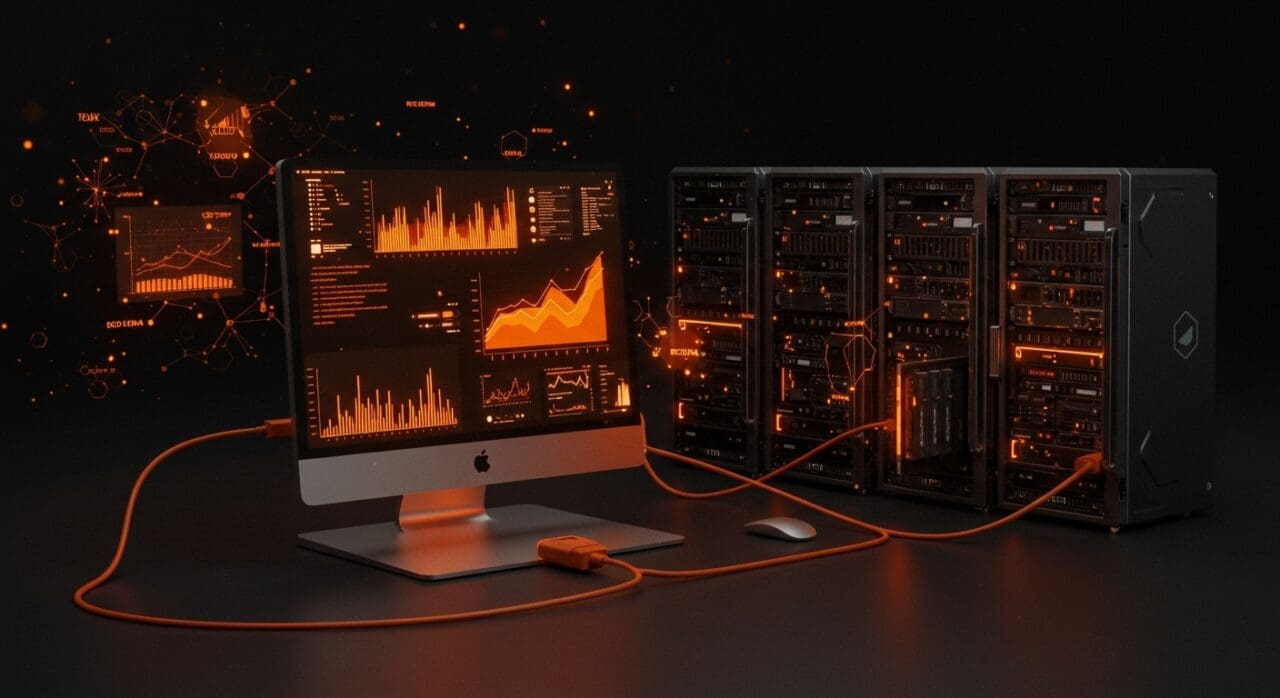 Mac Studio con Thunderbolt 5 y RDMA en entorno tecnológico, representando hardware avanzado para IA aplicada en startups.