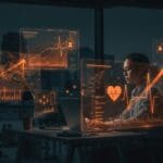 Experto en machine learning trabajando en una startup de inteligencia artificial en salud con visuales tecnológicos y metáforas de crecimiento en IA y salud.