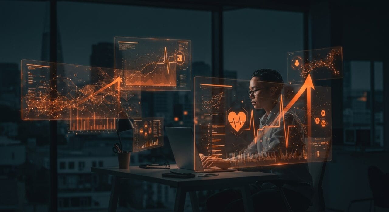 Experto en machine learning trabajando en una startup de inteligencia artificial en salud con visuales tecnológicos y metáforas de crecimiento en IA y salud.