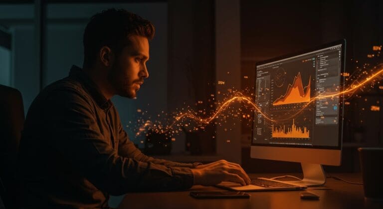Fundador tech supervisando monitoreo avanzado de Apple Silicon en tiempo real para optimización de startups.