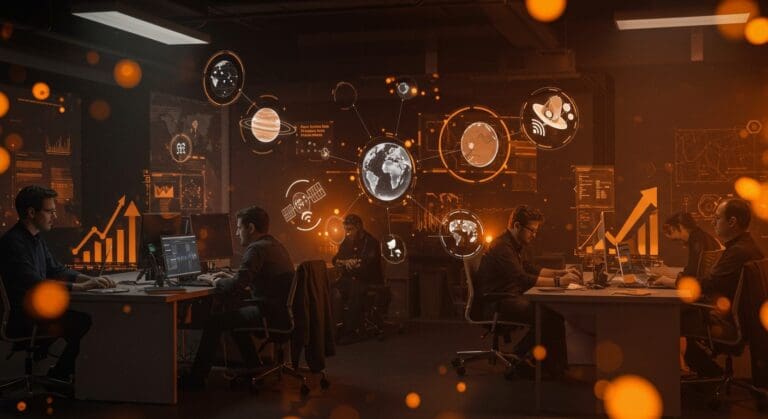 Startup tecnológica en Madrid liderando la industria espacial con innovación y emprendimiento en un entorno colaborativo de alta tecnología.