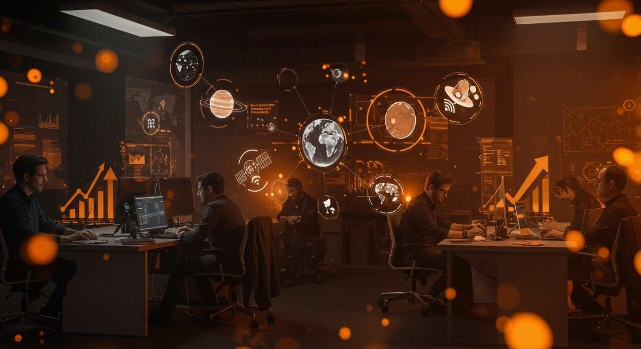 Startup tecnológica en Madrid liderando la industria espacial con innovación y emprendimiento en un entorno colaborativo de alta tecnología.