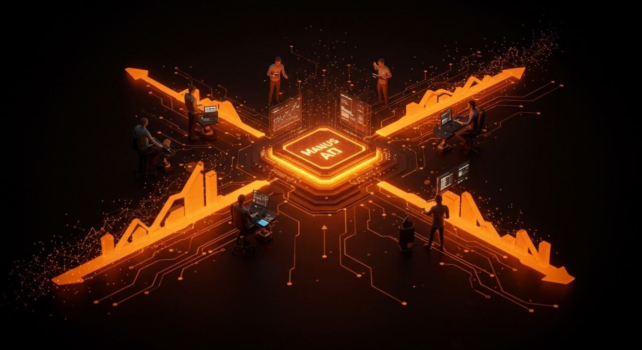 Centro de comando futurista de Manus AI mostrando crecimiento SaaS y escalabilidad mediante inteligencia artificial aplicada.