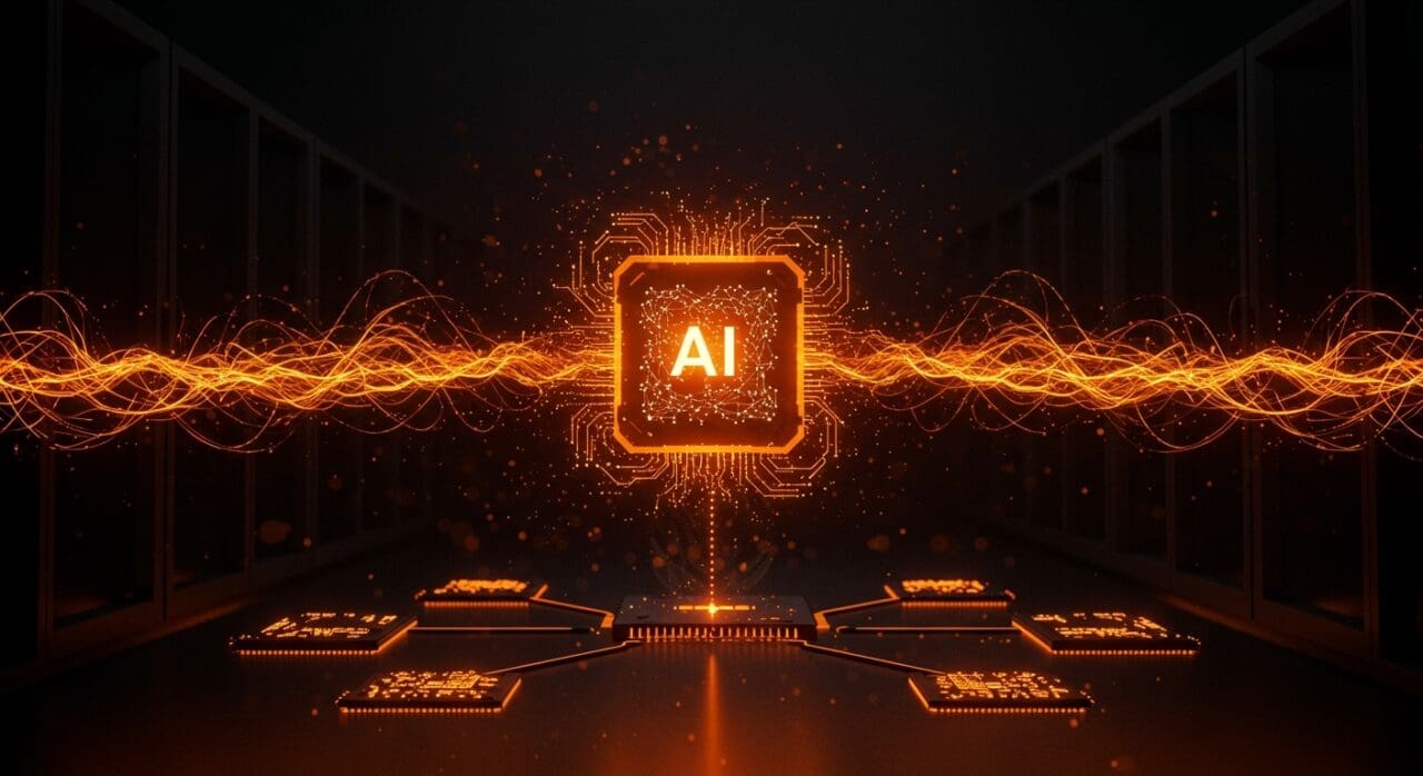 Imagen editorial futurista que representa la adquisición de Celestial AI por Marvell con enfoque en semiconductores, IA y fotónica en ecosistema tecnológico.