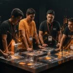 Founders latinoamericanos colaborando en un pitch de startups innovadoras con elementos de networking e inversión en el ecosistema MAS Pitch 2025.