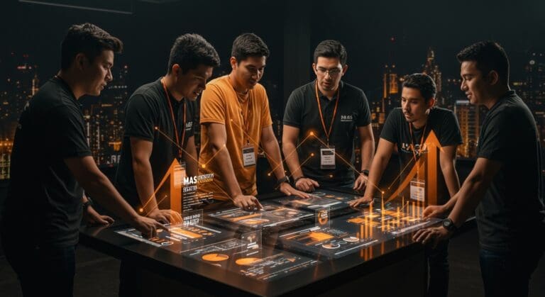 Founders latinoamericanos colaborando en un pitch de startups innovadoras con elementos de networking e inversión en el ecosistema MAS Pitch 2025.